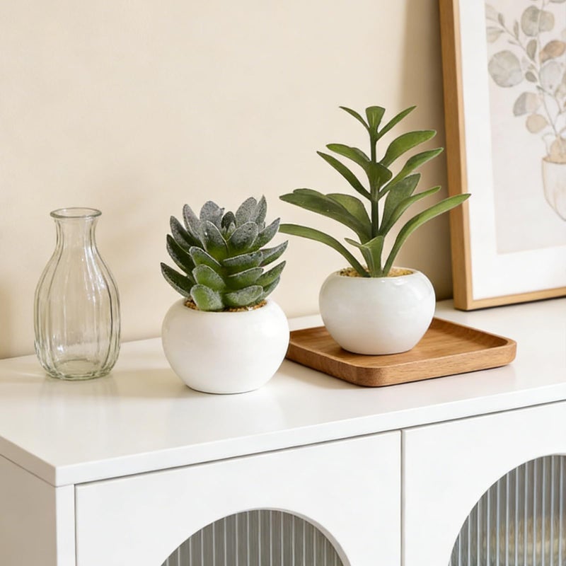 GREENTIME 6 Pcs Mini Artificial Succulents Plants in Ceramic Pots Small Fake Succulent Faux Plant Indoor Decor Bedroom Desk Bathroom Office Living Room Table Shelf Home Decoration Green White - Image 5