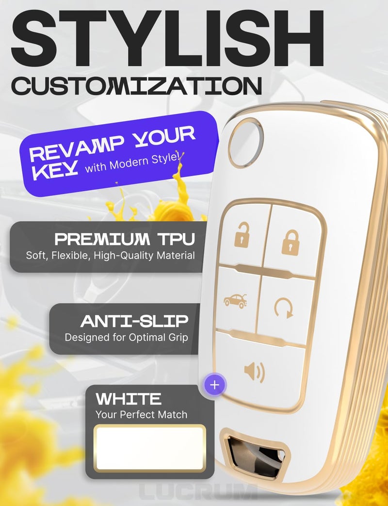 Lucrum Compatible with Chevy & GMC Key Fob Cover & Leather Keychain - TPU Keyfob Case for Cruze Equinox Malibu Terrain (2010-2019) - White and Gold - Image 3
