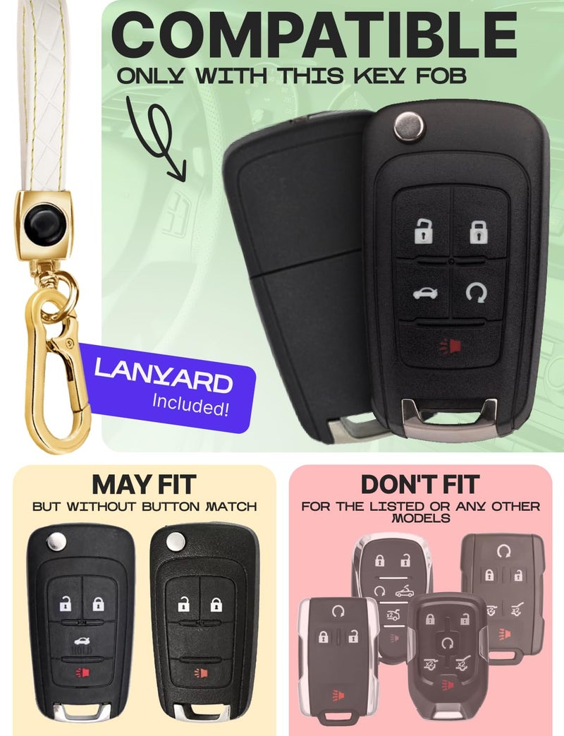 Lucrum Compatible with Chevy & GMC Key Fob Cover & Leather Keychain - TPU Keyfob Case for Cruze Equinox Malibu Terrain (2010-2019) - White and Gold - Image 2