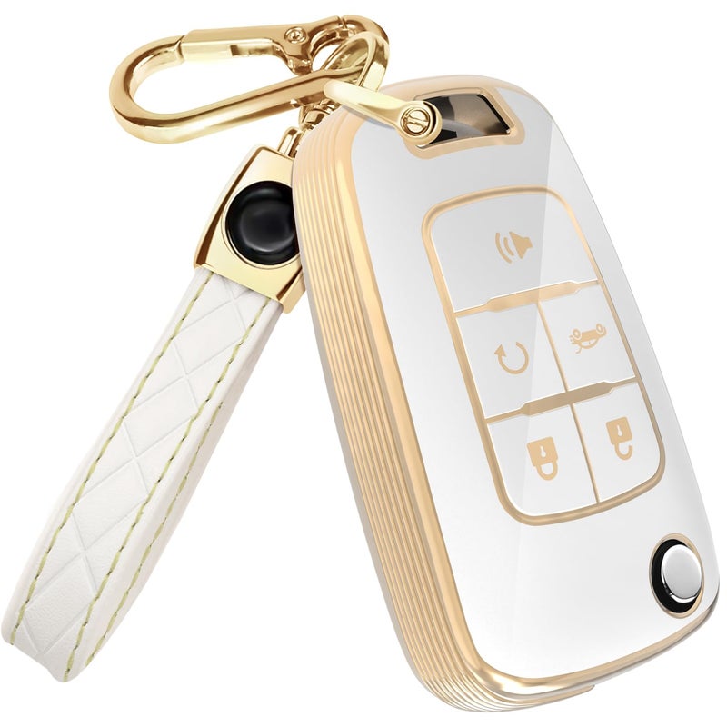 Lucrum Compatible with Chevy & GMC Key Fob Cover & Leather Keychain - TPU Keyfob Case for Cruze Equinox Malibu Terrain (2010-2019) - White and Gold - Image 1
