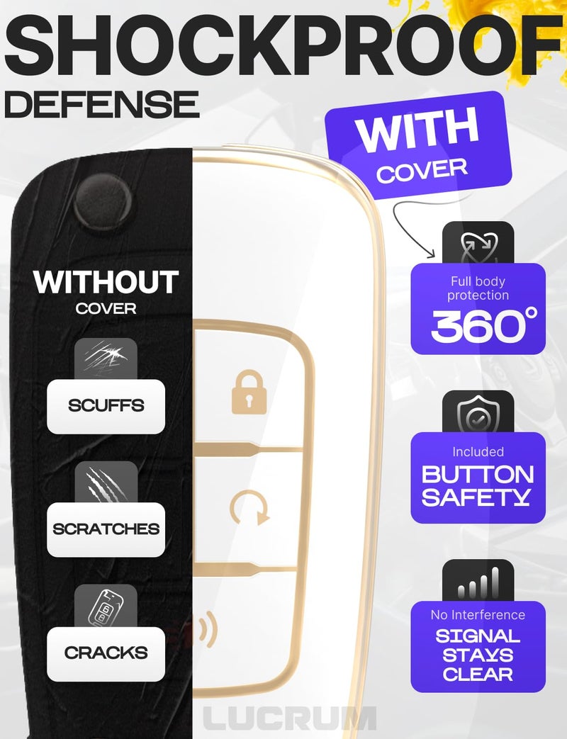 Lucrum Compatible with Chevy & GMC Key Fob Cover & Leather Keychain - TPU Keyfob Case for Cruze Equinox Malibu Terrain (2010-2019) - White and Gold - Image 4