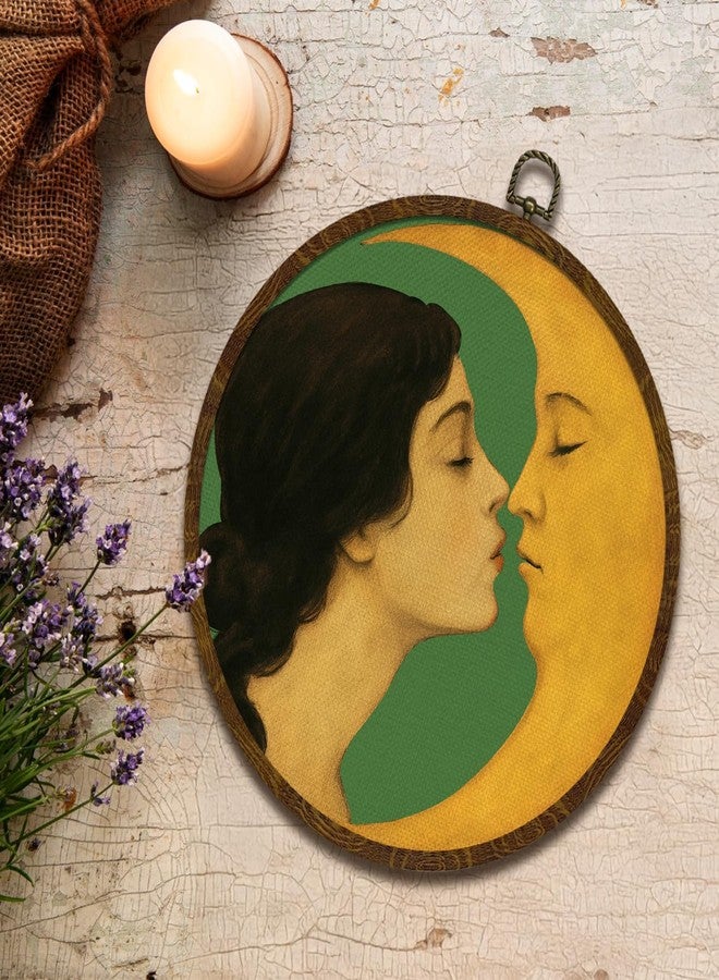 KLYTINK Romantic Moon and Young Girl Round Wall Art,Vintage-Inspired Celestial Canvas Print, Surreal Moon and Woman Hanging Decor for Bedroom, Gallery Wall 10''x10'' - Image 2