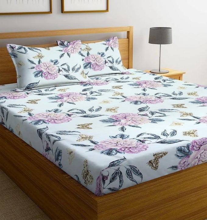 PREMIUM COTTON FLAT DOUBLE BEDSHEETS WITH 2 KING SIZE PILLOW COVERS DOUBLE BED BREATHABLE WRINKLEFREE ULTRASOFT 220 TC SUPERSOFT 90X90 INCHES 7X75 FEET FLORAL LIGHT BLUE BUTTERFLY