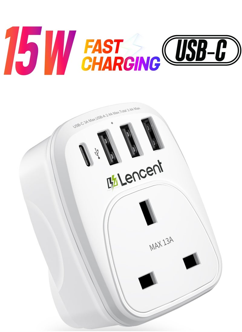 لينسينت شاحن قابس USB LENCENT في المملكة المتحدة مع منفذ واحد من النوع C و 3 منافذ USB ، ووصلة مقبس بطريق واحد ، وموسع قابس منفذ USB 5 في 1 للأجهزة المنزلية ، وأجهزة iPhone ، وأجهزة الكمبيوتر اللوحي للهواتف ا  - Image 1