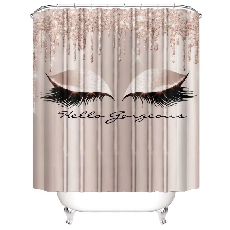 AZHM 4PCS Pretty Eyelash Shower Curtain Set Hello Gorgeous Bathroom Decor Set Pink Rose Gold Bathroom Curtains Shower Set with Shower Curtain and Rugs and Accessories - Image 3