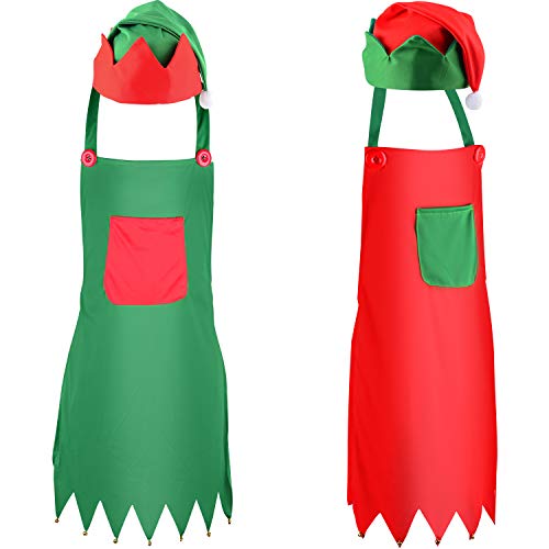 Sunshane 4 Pieces Christmas Elf Kits Include Elf Aprons and Elf Hats for Christmas Party Costume Supplies Red and Green - Image 1
