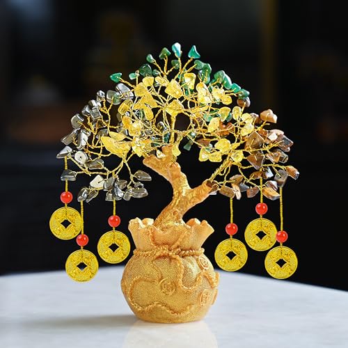 Crocon Money Magnet Crystal Tree with Golden Potli Base & 6 Feng Shui Coins – Green Aventurine, Citrine, Tiger Eye, Pyrite – Vastu Remedy for Wealth, Meditation, Good Luck – Home Office Decor & Gift - Image 1