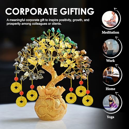 Crocon Money Magnet Crystal Tree with Golden Potli Base & 6 Feng Shui Coins – Green Aventurine, Citrine, Tiger Eye, Pyrite – Vastu Remedy for Wealth, Meditation, Good Luck – Home Office Decor & Gift - Image 3