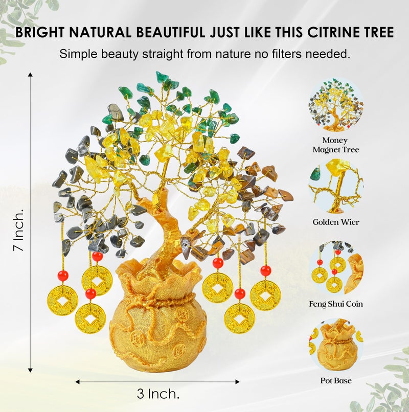 Crocon Money Magnet Crystal Tree with Golden Potli Base & 6 Feng Shui Coins – Green Aventurine, Citrine, Tiger Eye, Pyrite – Vastu Remedy for Wealth, Meditation, Good Luck – Home Office Decor & Gift - Image 2