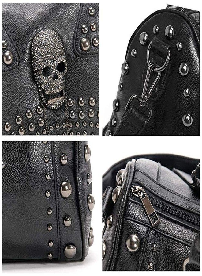 FiveloveTwo Women Skull Handbag Gothic Rivet Tote Satchel Shoulder Crossbody Bag Black - Image 5