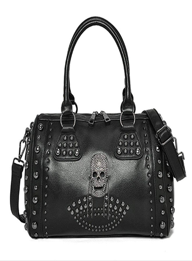 FiveloveTwo Women Skull Handbag Gothic Rivet Tote Satchel Shoulder Crossbody Bag Black - Image 2