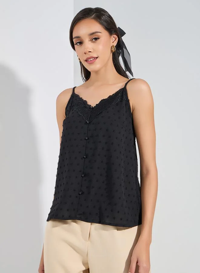 ستايلي Dobby Style Cami with Lace Detail & V-Neck