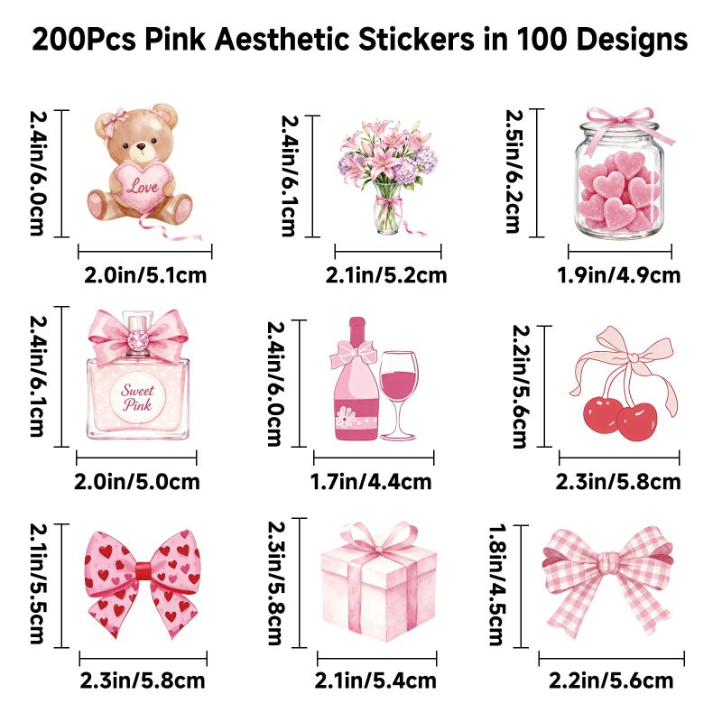 Alynta 200Pcs Pink Aesthetic Stickers - Cute Vinyl Water Bottles Sticker Pack Waterproof Scrapbooking Sticker Cute Bow Stickers for Laptop Scrapbook Journal Planner Notebook Luggage - Image 2