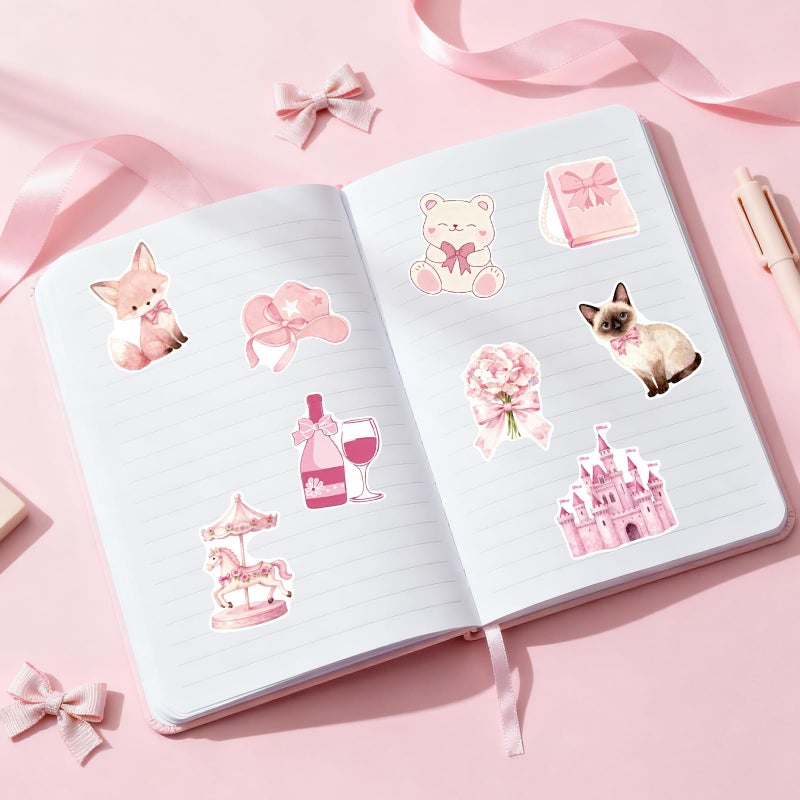 Alynta 200Pcs Pink Aesthetic Stickers - Cute Vinyl Water Bottles Sticker Pack Waterproof Scrapbooking Sticker Cute Bow Stickers for Laptop Scrapbook Journal Planner Notebook Luggage - Image 5