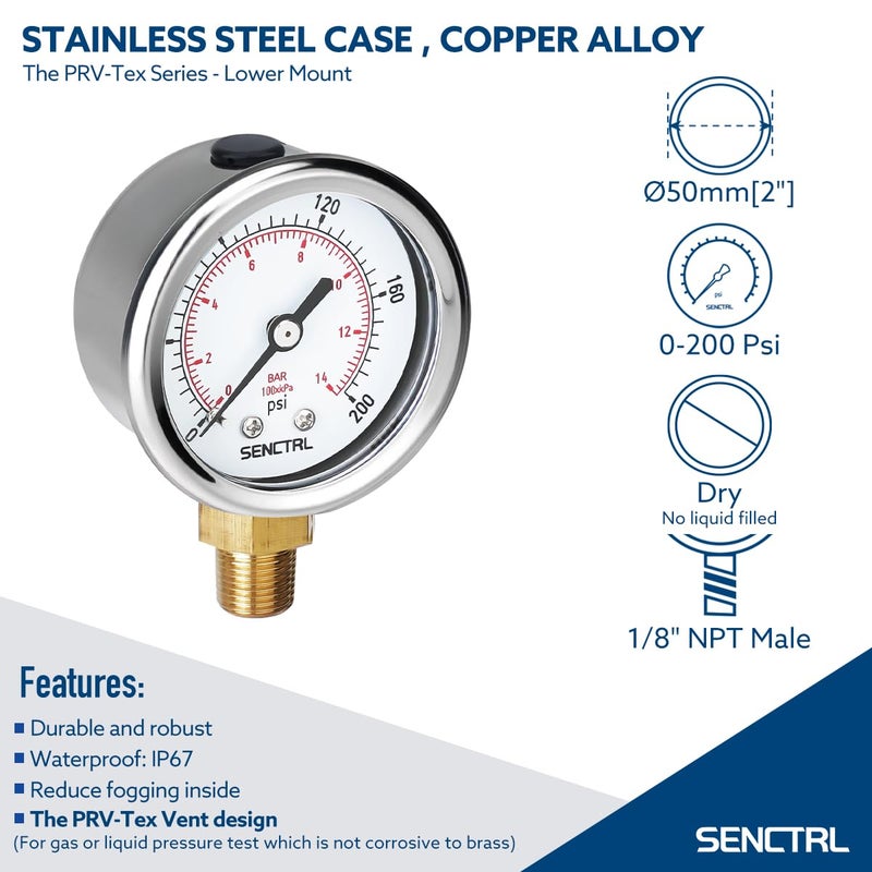 SENCTRL 0-200 psi Pressure Gauge, 2" Dial Size, 1/8 NPT Lower Mount, Waterproof, Stainless Steel Case, for Pneumatic Regulator Air Compressor Portable Tank Water Tire Test - Image 2