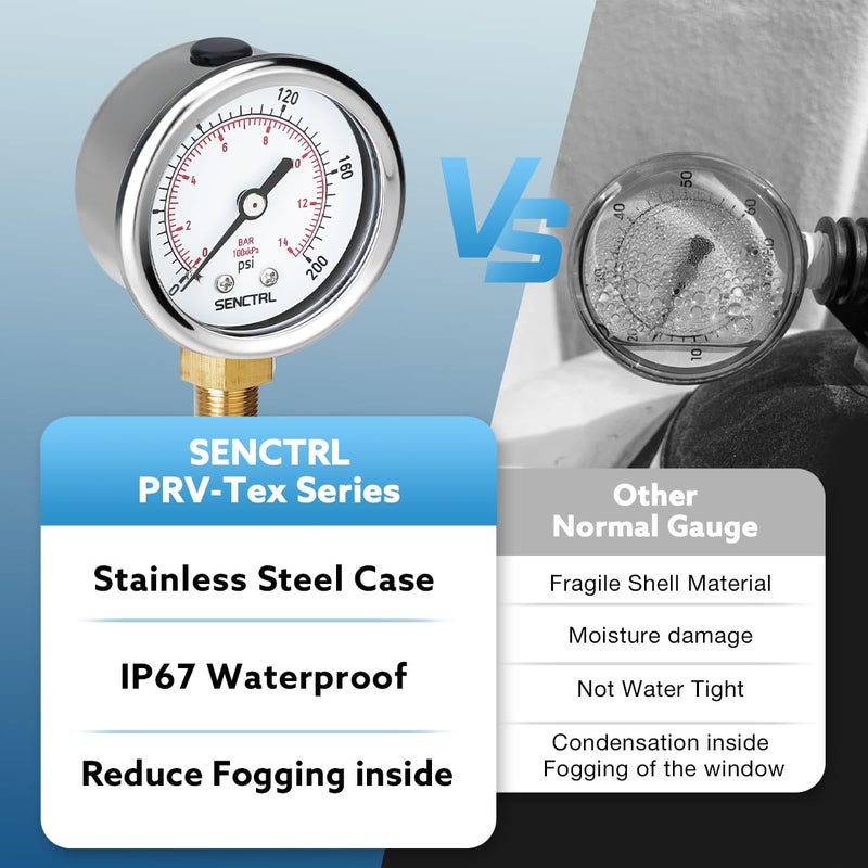 SENCTRL 0-200 psi Pressure Gauge, 2" Dial Size, 1/8 NPT Lower Mount, Waterproof, Stainless Steel Case, for Pneumatic Regulator Air Compressor Portable Tank Water Tire Test - Image 3