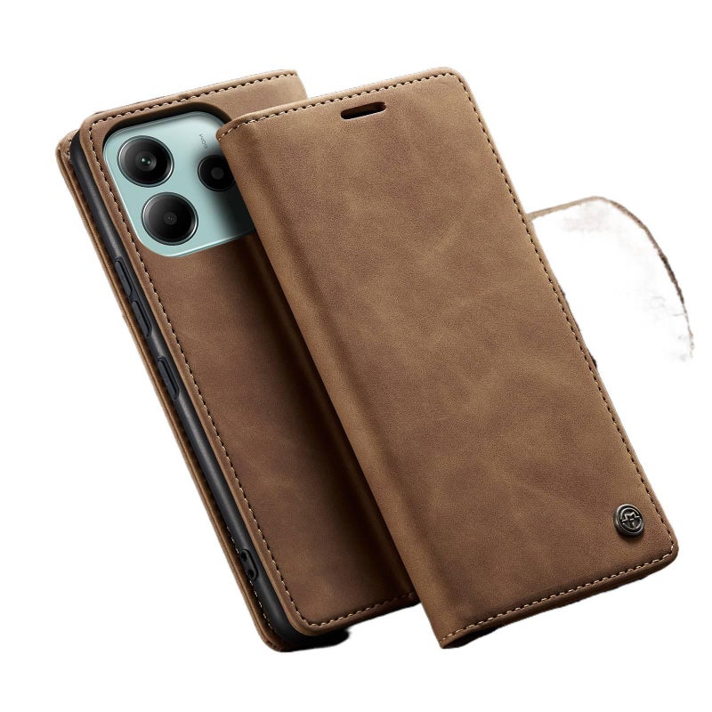 غطاء هاتف بملمس جلد لـ Redmi Note 14 باللون Coffee بوظيفة حامل مع حامل بطاقات وحماية من السقوط مع مقاوم للصدمات مع حامل قائم للاستخدام المنزلي للسفر للمكتب - Image 1