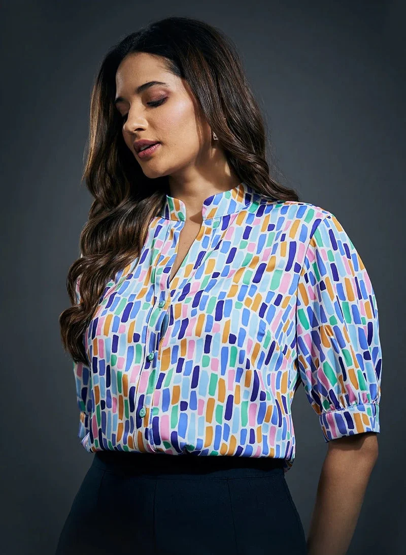 Zigzag Mandarine Collar Printed Shirt