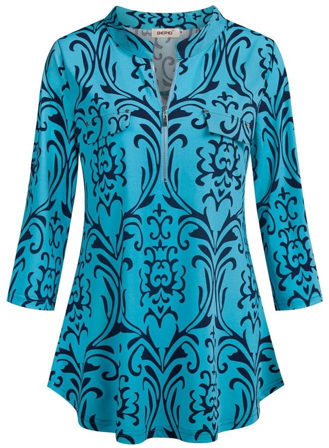 BEPEI Womens Floral 3/4 Sleeve Shirts Zip up V Neck Work Chiffon Blouses Top, Turquoise, L - Image 4