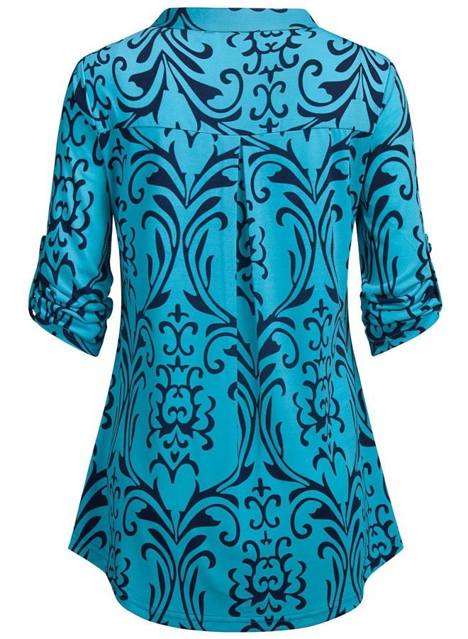 BEPEI Womens Floral 3/4 Sleeve Shirts Zip up V Neck Work Chiffon Blouses Top, Turquoise, L - Image 5