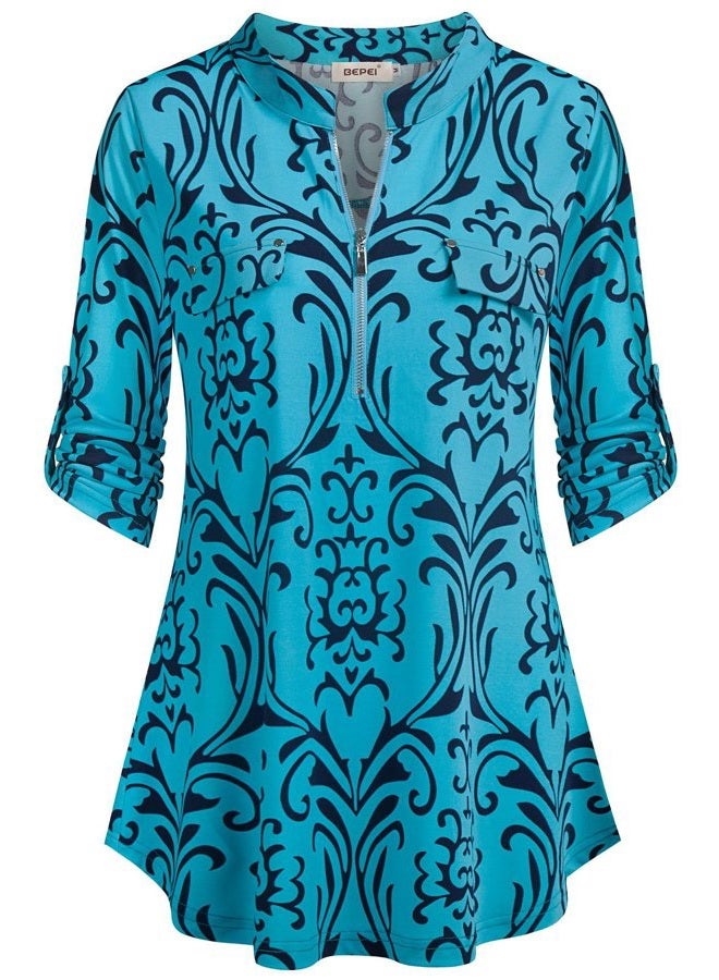 BEPEI Womens Floral 3/4 Sleeve Shirts Zip up V Neck Work Chiffon Blouses Top, Turquoise, L - Image 1