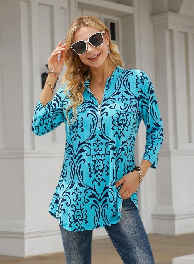 BEPEI Womens Floral 3/4 Sleeve Shirts Zip up V Neck Work Chiffon Blouses Top, Turquoise, L - Image 2