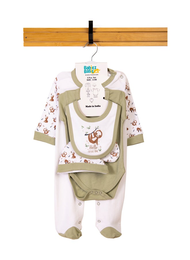 Babies Basic 5 Piece Unisex 100% Cotton Gift Set Include Bib, Romper, Mittens, Cap And Sleepsuit/Jumpsuit- Hello Little One  - Image 1