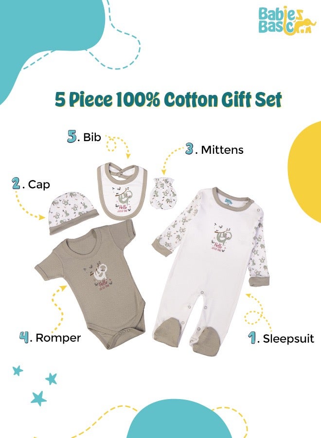 5 Piece Unisex 100% Cotton Gift Set Include Bib, Romper, Mittens, Cap And Sleepsuit/Jumpsuit- Hello Little One