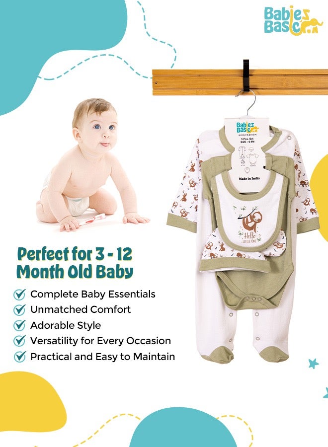 5 Piece Unisex 100% Cotton Gift Set Include Bib, Romper, Mittens, Cap And Sleepsuit/Jumpsuit- Hello Little One