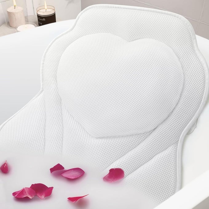 BATH PILLOW-BATHTUB PILLOW WITH AIR MESH FABRIC & 6 NON-SLIP SUCTION CUPS, BATH PILLOWS FOR TUB HEAD, NECK AND BACK SUPPORT, BATH ACCESSORIES SPA GIFTS, WHITE