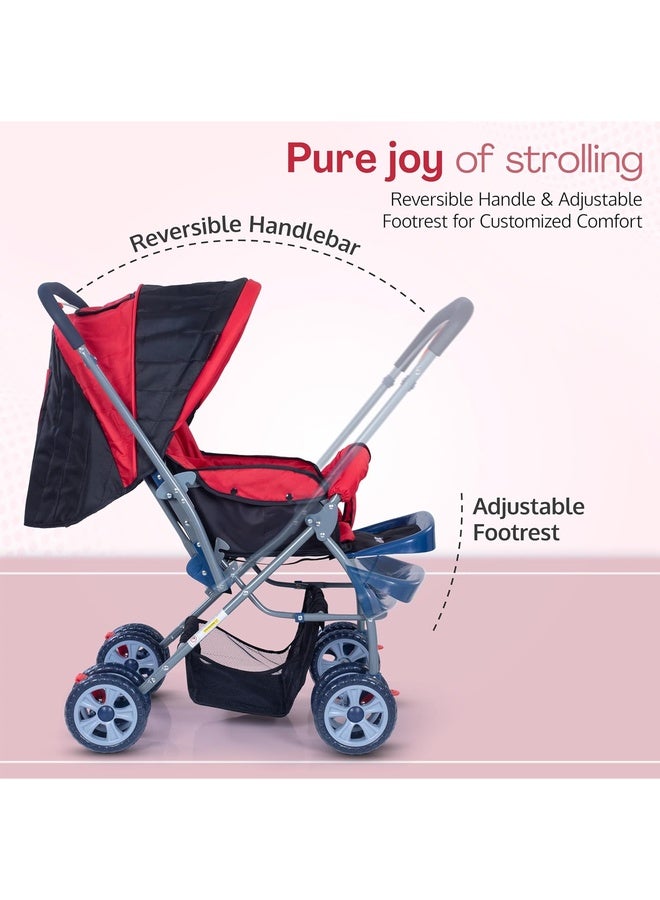 Luvlap Starshine Baby Stroller/Pram for 0 to 3 Years, New Born/Toddler/Kid, Lightweight, Adjustable backrest, 360° Swivel Wheel, Large Storage Basket, Reversible Handlebar (Red) - Image 2