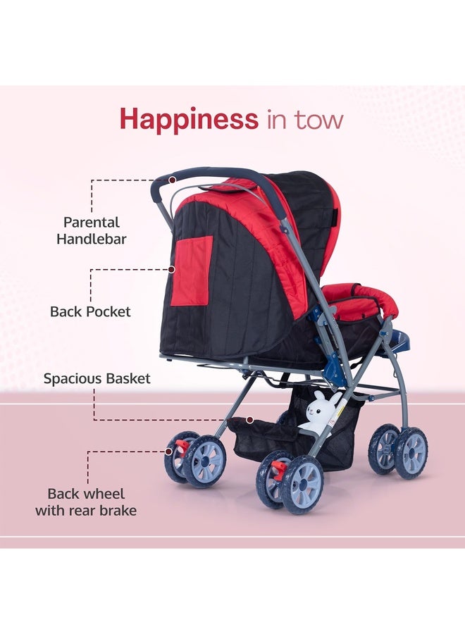 Luvlap Starshine Baby Stroller/Pram for 0 to 3 Years, New Born/Toddler/Kid, Lightweight, Adjustable backrest, 360° Swivel Wheel, Large Storage Basket, Reversible Handlebar (Red) - Image 5