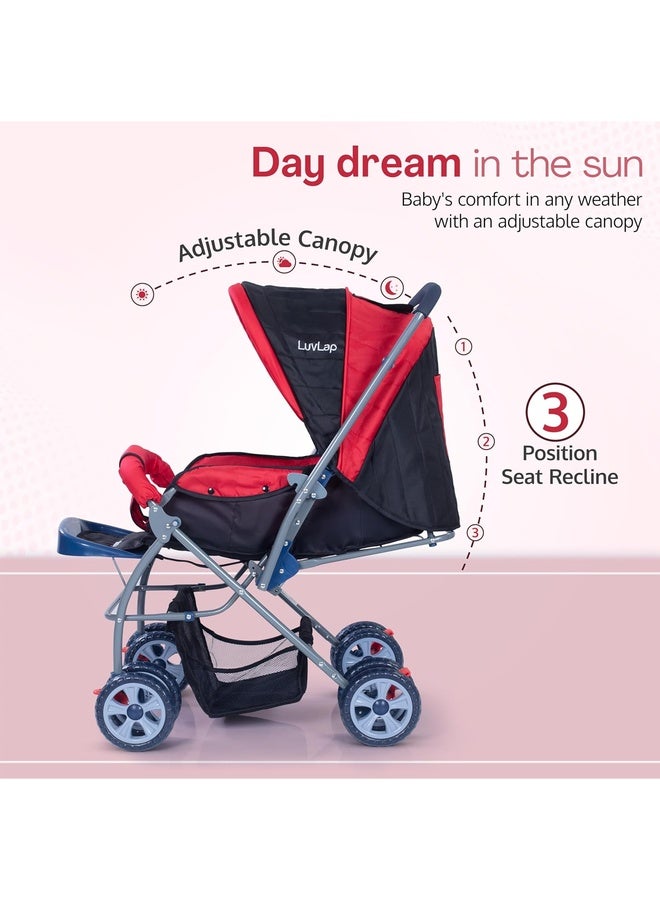 Luvlap Starshine Baby Stroller/Pram for 0 to 3 Years, New Born/Toddler/Kid, Lightweight, Adjustable backrest, 360° Swivel Wheel, Large Storage Basket, Reversible Handlebar (Red) - Image 3