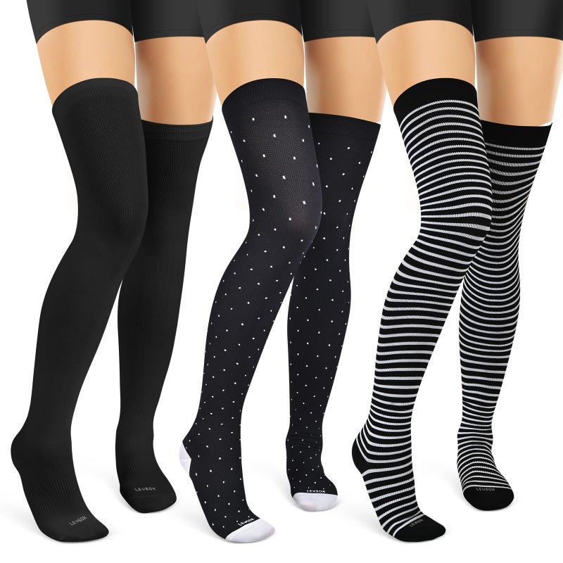 LEVSOX Thigh High Compression Socks for Women 15-20 mmHg Over the Knee Compression Stockings for Men 3 Pair - Image 1