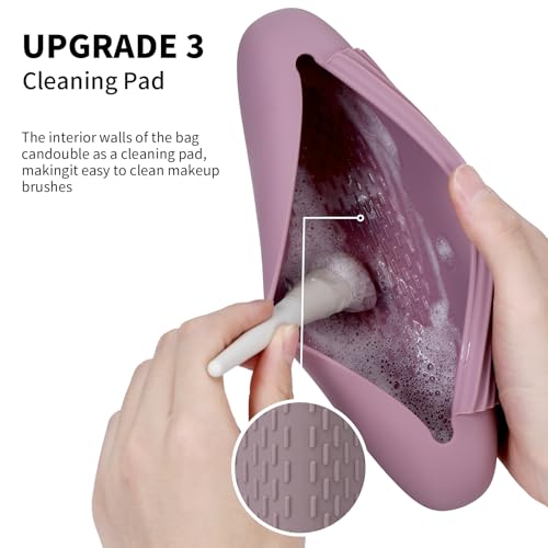 AGIKET Silicone Makeup Brush Holder Travel Cosmetic Bag：Soft Portable Cosmetic Face Brushes Holder with Upgrade Anti-Fall Out Magnetic Closure, Large Travel Makeup Brush Case - Light Purple - Image 4