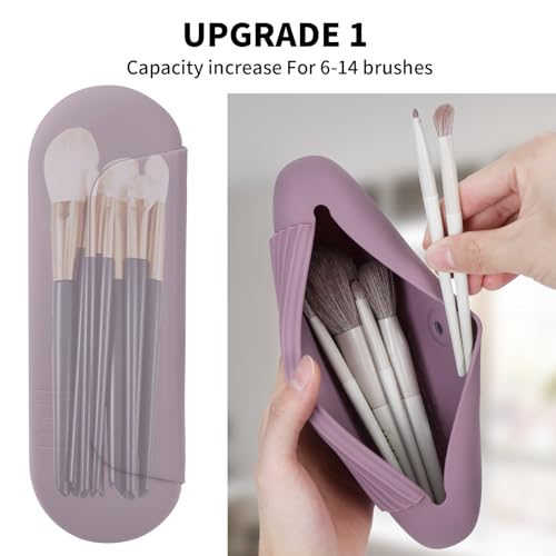 AGIKET Silicone Makeup Brush Holder Travel Cosmetic Bag：Soft Portable Cosmetic Face Brushes Holder with Upgrade Anti-Fall Out Magnetic Closure, Large Travel Makeup Brush Case - Light Purple - Image 2