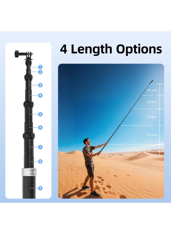 3m Selfie Stick for Insta360 X5 X4, 118 Inch Carbon Fiber Invisible Ultra Long Extension Pole for Insta 360 ONE X5 X4 X3 X2 RS, for DJI OSMO 360 Accessories (with Go Pro Adapter, Storage Bag) - Image 3