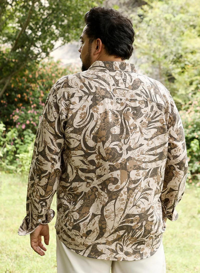 Instafab Plus Instafab Plus Men Floral-Block Imprint Shirt | Spread Collar , Long Cuffed Sleeves | Button Closure , Curved Hem | Floral Print Plain | Woven Fabric For Casual & Evening Wear | Chocolate Brown
