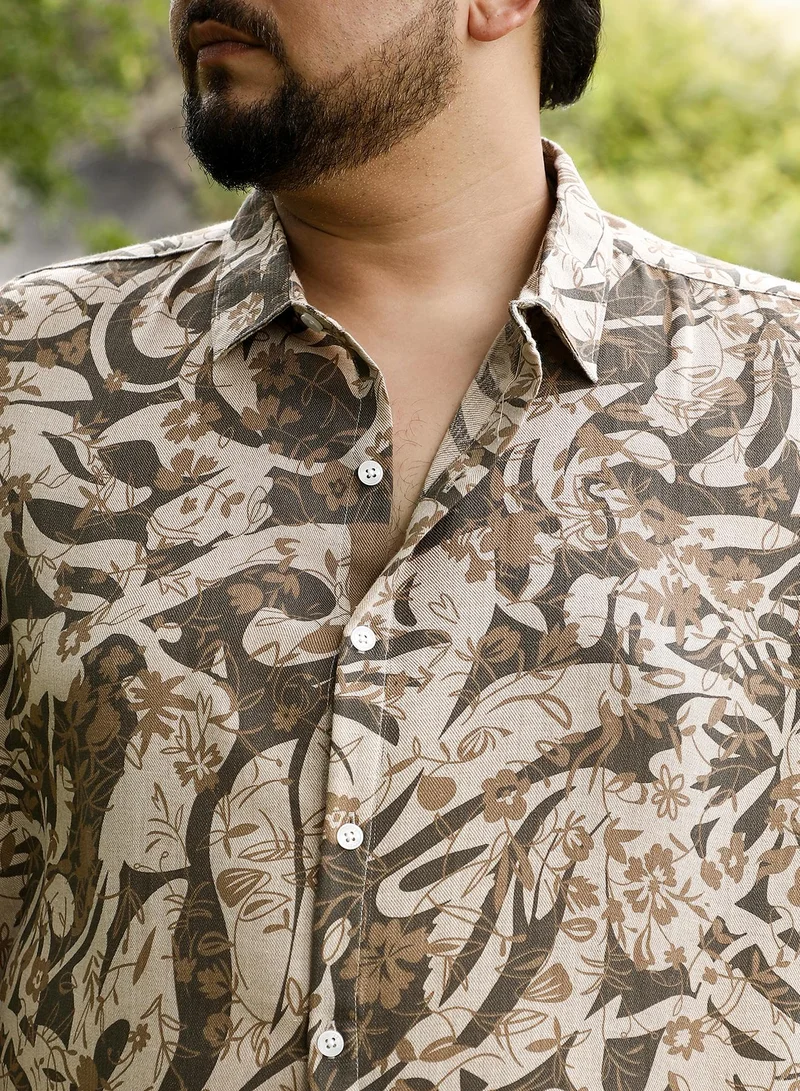Instafab Plus Instafab Plus Men Floral-Block Imprint Shirt | Spread Collar , Long Cuffed Sleeves | Button Closure , Curved Hem | Floral Print Plain | Woven Fabric For Casual & Evening Wear | Chocolate Brown