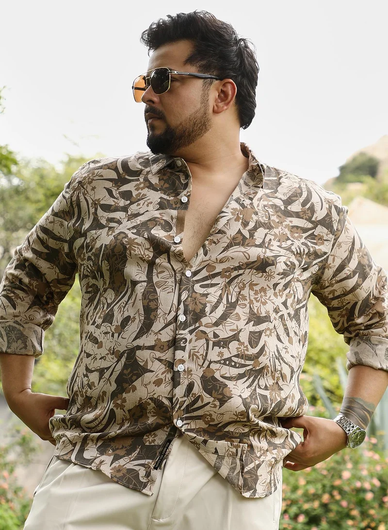 Instafab Plus Instafab Plus Men Floral-Block Imprint Shirt | Spread Collar , Long Cuffed Sleeves | Button Closure , Curved Hem | Floral Print Plain | Woven Fabric For Casual & Evening Wear | Chocolate Brown