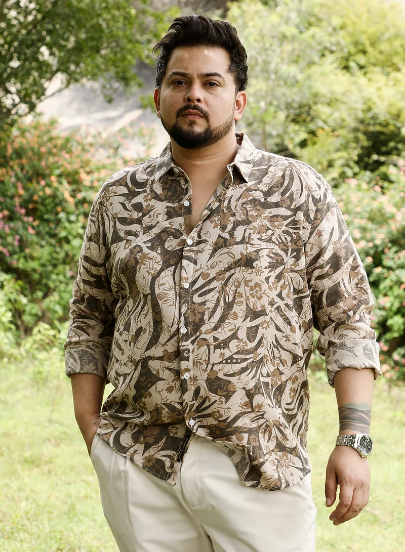 Instafab Plus Instafab Plus Men Floral-Block Imprint Shirt | Spread Collar , Long Cuffed Sleeves | Button Closure , Curved Hem | Floral Print Plain | Woven Fabric For Casual & Evening Wear | Chocolate Brown