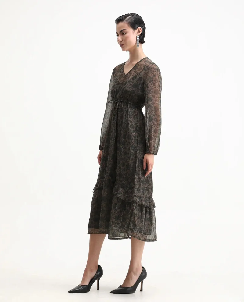 Rareism Women's Printed Fit And Flare Midi Dress