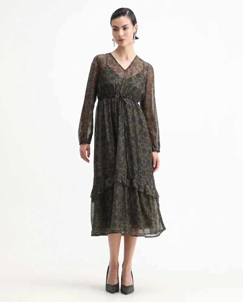 Rareism Women's Printed Fit And Flare Midi Dress