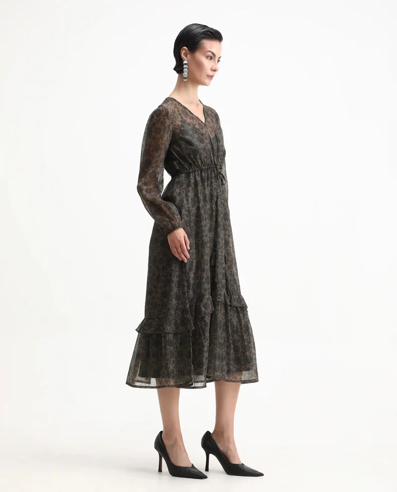 Rareism Women's Printed Fit And Flare Midi Dress