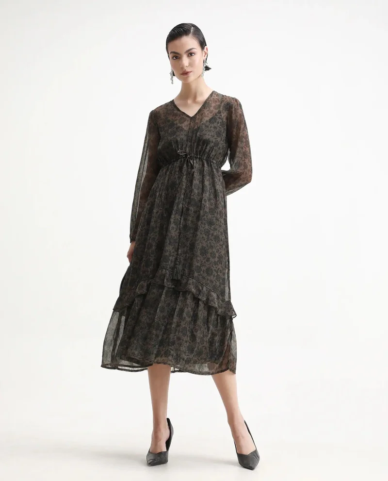 Rareism Women's Printed Fit And Flare Midi Dress