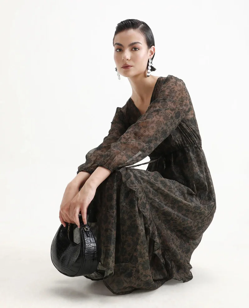 Rareism Women's Printed Fit And Flare Midi Dress