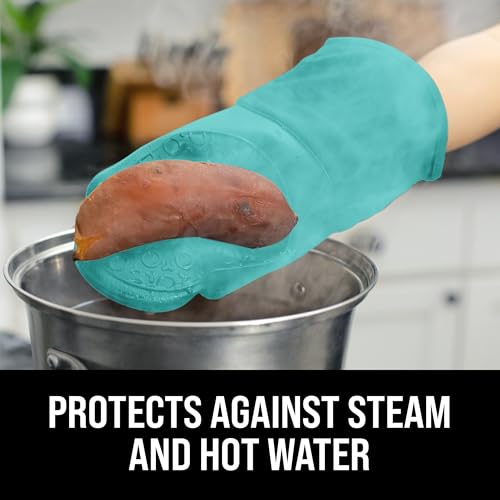 HOMWE BPA-Free Soft Silicone Oven Mitts - Ultra Heat Resistant Oven Mitts with Thick Cotton Liner - Long Slip Resistant Pot Holders, Flexible Oven Gloves - Turquoise 13.7" - Image 4