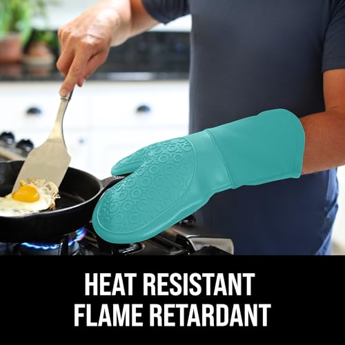 HOMWE BPA-Free Soft Silicone Oven Mitts - Ultra Heat Resistant Oven Mitts with Thick Cotton Liner - Long Slip Resistant Pot Holders, Flexible Oven Gloves - Turquoise 13.7" - Image 3