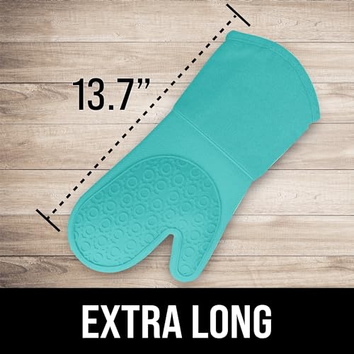HOMWE BPA-Free Soft Silicone Oven Mitts - Ultra Heat Resistant Oven Mitts with Thick Cotton Liner - Long Slip Resistant Pot Holders, Flexible Oven Gloves - Turquoise 13.7" - Image 2