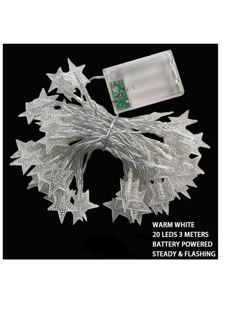 Generic - 20 LED Star String Lights 3 Meters Fairy Christmas Lights Battery Operated for Indoor & Outdoor, Party, Wedding and Holiday Decorations Warm White (C-3M-20LEDs) - Image 1